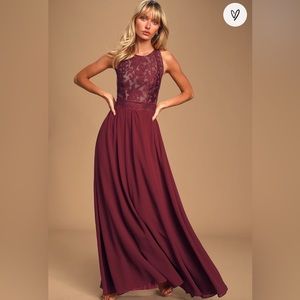 Lulus Forever and Always Burgundy Lace Maxi Dress